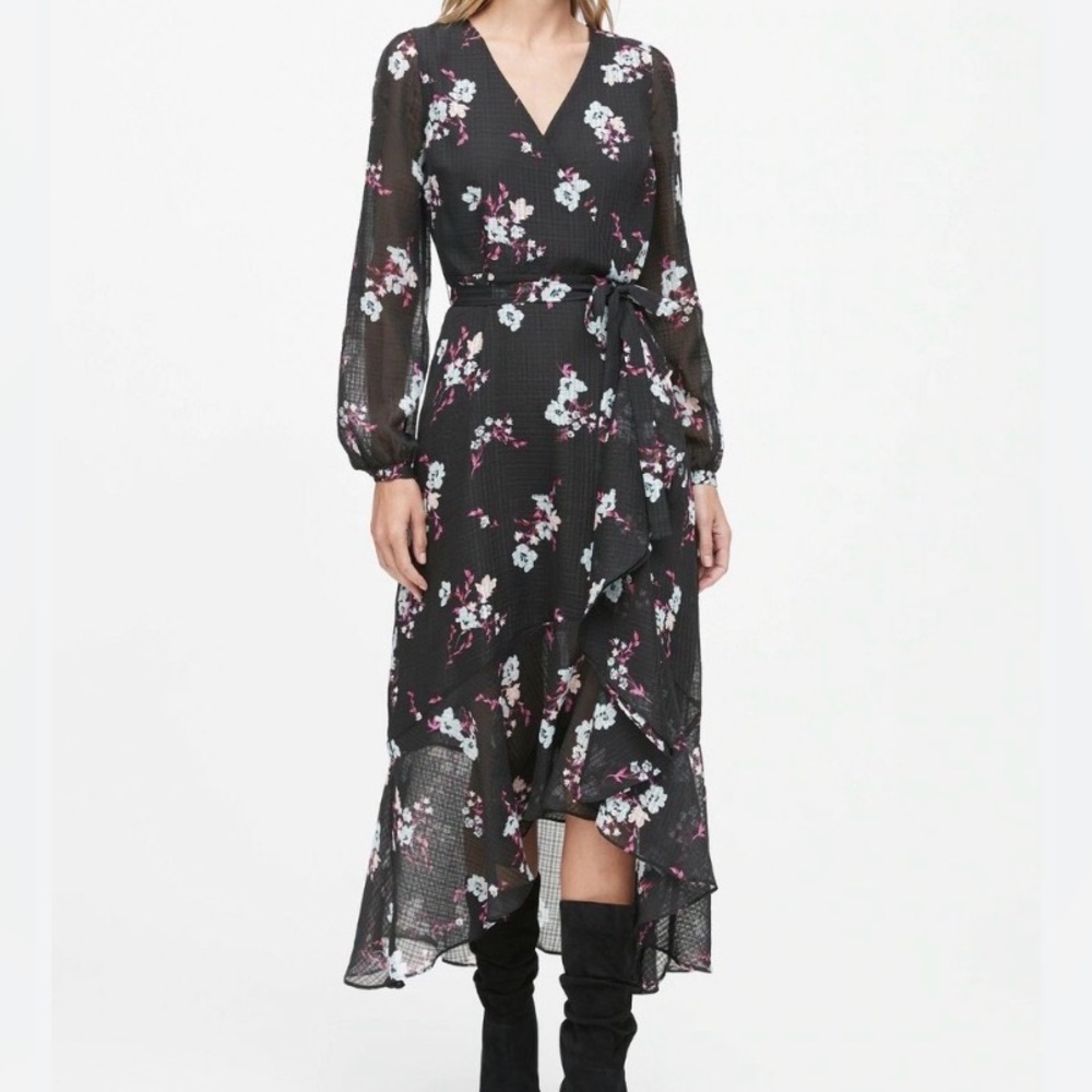 Banana Republic Dress Black Floral Long Sleeve Maxi 6 Whimsigoth Romantic Goth